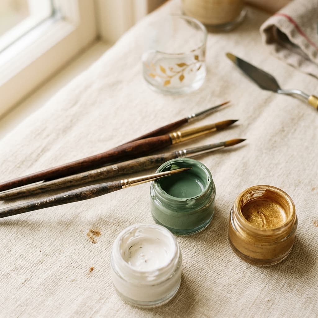 Ferramentas artesanais — pincéis finos e tintas premium usados para pintura à mão em cristalaria